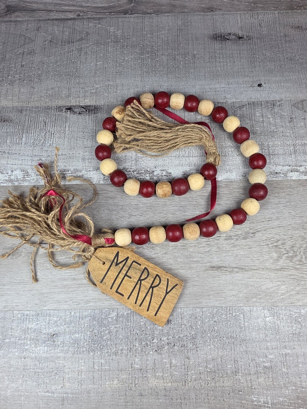 Christmas Wood Bead Garland Jute Rustic Wall Hanging 24" Handmade Garland g71c